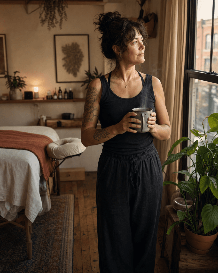 Maya Lindgren standing near a studio window with a mug.